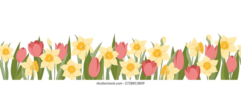 A vibrant spring floral border with daffodils and tulips. Spring vector illustration for your designs.