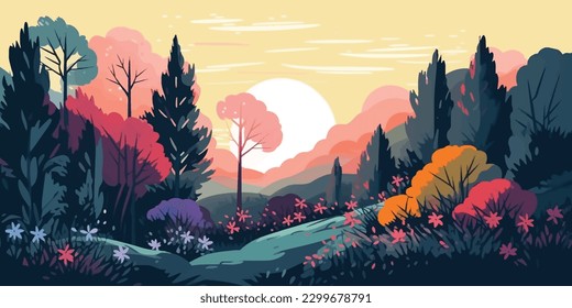 Vibrant Spring Foliage   Vector Illustration of Colorful Landscaped Forest