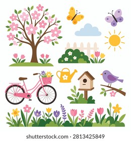 Vibrant spring garden with blooming flowers butterflies and a bird on a bike