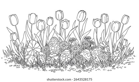 Vibrant Spring Garden Outline with Tulips Daisies and Hidden Easter Eggs Lush Floral Scene Line Art Design