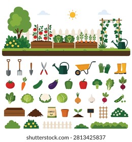 Vibrant spring garden scene with blooming flowers vegetables and decorative elements