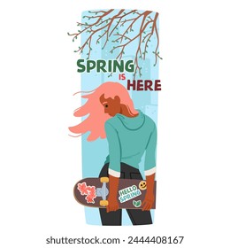 Vibrant Spring is Here Banner Features A Young Girl Character Clutching A Skateboard, Her Hair Flowing, Surrounded By Green Trees, Embodying Youth And Rejuvenation. Cartoon People Vector Illustration