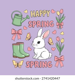 A vibrant spring illustration featuring a white rabbit, colorful tulips, butterflies, a watering can, and rain boots, all set against a soft purple background with 'Happy Spring' text.