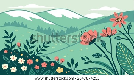 Vibrant spring landscape with blooming flowers, lush green hills, and distant mountains under a blue sky. Ideal for nature, spring, and outdoor themes.