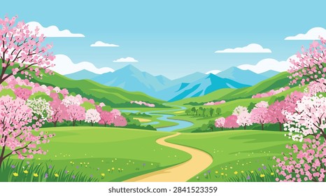 A vibrant spring landscape illustration featuring blooming cherry blossom trees, a winding path through green meadows, and distant blue mountains under a clear sky.