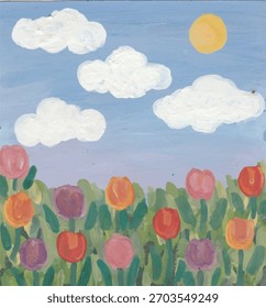 Vibrante paisaje de primavera con tulipanes y nubes
