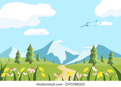 A vibrant spring landscape in vector style, with blooming flowers and clear blue skies. The mountains in the background add a peaceful touch. 