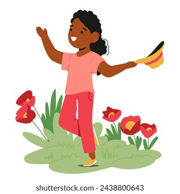 En El Prado De Primavera Vibrante, El Niño Gozoso Ríe Entre Flores Florecientes, Abrazando La Belleza De La Naturaleza Con Inocente Maravilla Mientras El Sol Baña El Campo En Cálidos Tonos De Felicidad. Ilustración vectorial de dibujos animados