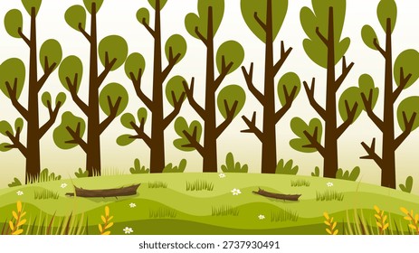 vibrant spring woodland scene featuring lush grass undergrowth and organic timber elements