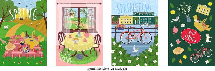 Vibrant springtime scenery artwork print set with blooming flowers, lush meadows and serene village. Bicycle rests on embankment in spring city. Picnic in field on green grass capturing nature renewal