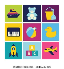 Vibrant square icons of kid's playthings and learning tools, cheerful mood