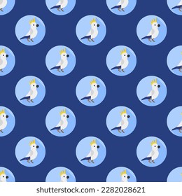 Vibrant square tile adorned with an animated animal artwork. Seamless pattern with cockatoo on st. patrick's blue background. Design for a mug featuring an animal.