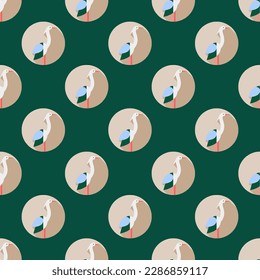 Vibrant square tile adorned with an animated animal artwork. Seamless pattern with heron on sacramento state green background. Design for brochures with illustrations of farm animals.