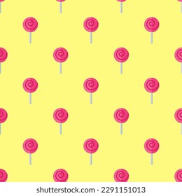 Vibrant square tile adorned with an animated food artwork. Seamless pattern with lollipop on mellow yellow background. Design for websites to make them look professional and organized.