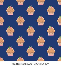 Vibrant square tile adorned with an animated food artwork. Seamless pattern with cupcake on st. patrick's blue background. Design for a floral wallpaper.