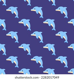 Vibrant square tile with a playful animal illustration. Seamless pattern with dolphin on unbleached silk background. Design for a website background with an animal.
