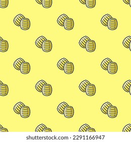 Vibrant square tile with a playful food illustration. Seamless pattern with gnocchi on mellow yellow background. Design for a secure wrap for wraps.