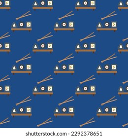 Vibrant square tile with a playful food illustration. Seamless pattern with sushi on dark gray background. Design for a Chinese New Year dragon.