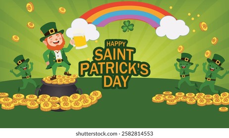 A vibrant St. Patrick's Day greeting card featuring leprechauns with pots of gold, a rainbow, and clovers, all set against a bright green background, celebrating Irish tradition and luck