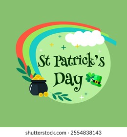 Vibrant St. Patrick's Day illustration featuring a pot of gold, a rainbow, a leprechaun hat, and shamrocks on a green background. A cheerful design symbolizing Irish culture, luck, and celebration