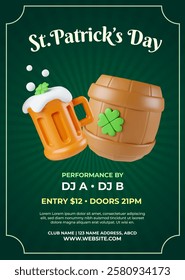 Vibrant St. Patrick's Day poster showcasing a beer mug and a barrel adorned with a shamrock, perfect for promoting lively party events and nightlife in March.