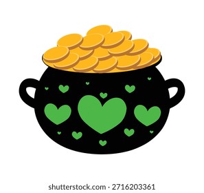Vibrant St Patricks Day pot of gold brimming with shiny coins and decorative green hearts illustration