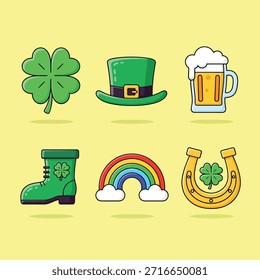 Ícones vibrantes do vetor do Dia de São Patrício com um trevo verde, chapéu de leprechaun, caneca de cerveja, bota, arco-íris colorido e ferradura dourada.