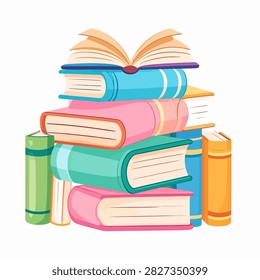 Vibrant stack of books with an open book on top, ideal for education, reading, study, literature, knowledge, and learning themes.