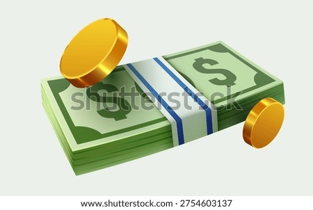 A vibrant stack of dollar bills with golden coins, symbolizing wealth and success in a clean vector style. Vector illustration.