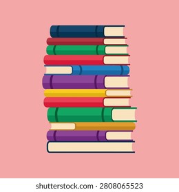 A vibrant stack of hardcover books in various colors, neatly arranged against a soft pink background. Ideal for educational or literary themes.