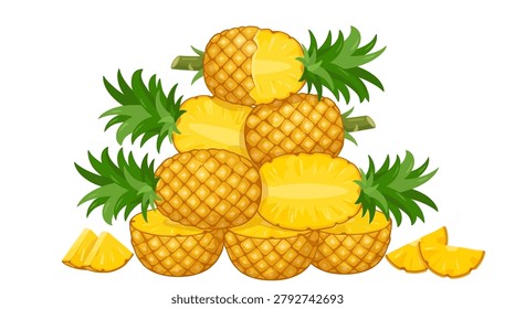 A vibrant stack of whole and halved pineapples with green leafy tops.