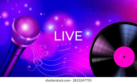 Vibrant stage lights glow purple and blue. Microphone and vinyl record frame the word 