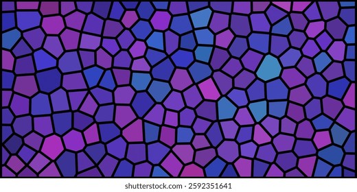 A vibrant stained glass-style mosaic pattern with irregular polygonal shapes in shades of blue, purple, and black outlines.

