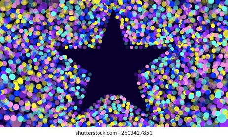 Vibrant star shaped frame surrounded by colorful confetti on  dark background. The abstract design creates a festive and dynamic atmosphere.