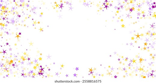 Vibrant star sparkles vector background. Christmas decor elements in violet yellow colors. Twinkling star shapes pattern. Serenity concept. Spectacular backdrop.