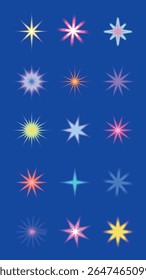 Vibrant starburst icons on a blue background. Colorful starburst designs in various hues. Bright starburst patterns, perfect for creative projects. Cute glowing element set vector.