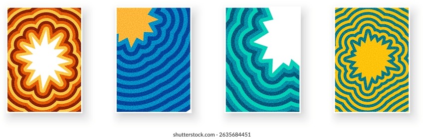 Vibrant starburst shapes on colorful ripple backgrounds. Great for pop art themes. Vector illustration.
