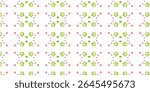Vibrant starry pattern with green stars and pink dots on a white background, creating a whimsical, seamless design for textiles, wallpapers, and digital art.