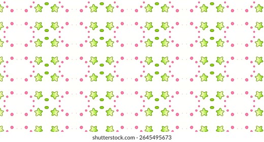 Vibrant starry pattern with green stars and pink dots on a white background, creating a whimsical, seamless design for textiles, wallpapers, and digital art.