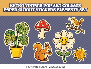 Vibrant sticker pack featuring nature themed illustrations with retro aesthetic. Collection includes potted monstera plant red spotted mushroom yellow bird on branch happy daisy flower squirrel holding nut and sun icon. Halftone textures and thick outlines create trendy paper cutout style.