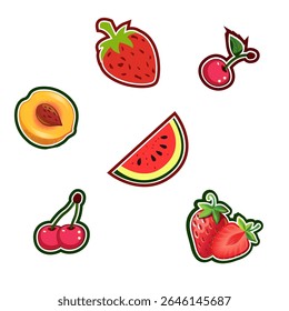 A vibrant sticker set with juicy fruits and berries: cherries, strawberries, watermelon, and a peach. Bright outlines and playful style make them great for summer themes, journals, or scrapbooking
