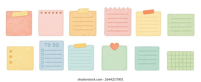 Vibrant sticky notes in pastel tones with unique shapes, grid and lined styles. Ideal for planners, journaling, digital scrapbooks, and stylish organizational projects.