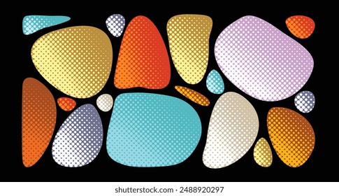 Vibrant stippling abstract geometric forms on a black canvas, with vivid, colorful gradients and dotted details within each shape, a striking mosaic pattern.