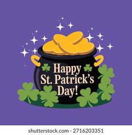 Vibrante ilustración del día de San Patricio con una olla mágica de monedas de oro y tréboles de la suerte sobre un fondo púrpura