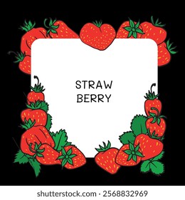 vibrant strawberry frame with red strawberries and green leaves surrounding a white square center, perfect for labels, invitations, or recipe cards.