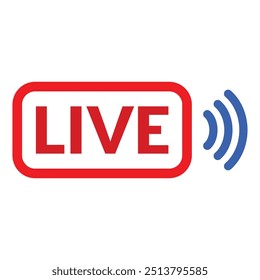Ein lebendiges Streaming-Symbol zeigt das Wort LIVE in kräftigem Rot, eingerahmt in einem rechteckigen Umriss, begleitet von dynamischen Klangwellengrafiken in Blau, was auf die Bereitstellung von Inhalten in Echtzeit hinweist.