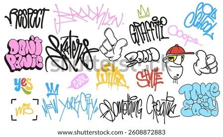 Vibrant street graffiti lettering elements in a fun cartoon style. A bold and colorful vector set with creative hand-drawn letters, perfect for urban art and hip-hop vibes
