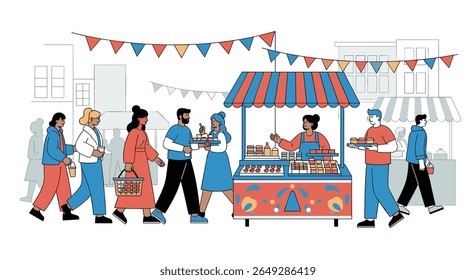 A Vibrant Street Scene Featuring Diverse People Enjoying an Outdoor Food Stall Amidst Festive Decorations