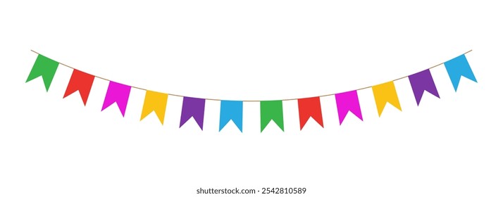 Vibrant String of Flags for Festive Occasions. Carnival garland, birthday party decoration,