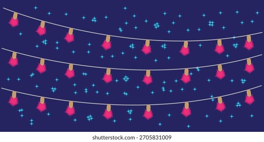 Vibrant String Lights Decoration with Pink Tassel Bulbs on a Sparkly Night Sky Background